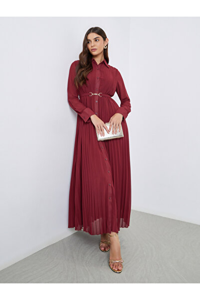 Styli Pleated Shirt Maxi Dress with Belt Detail