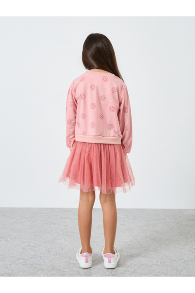 Styli Girls Pink Flower Print Tulle Dress