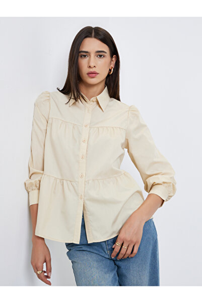 Take Two By Styli Beige Button Front Puff Sleeve Shirt