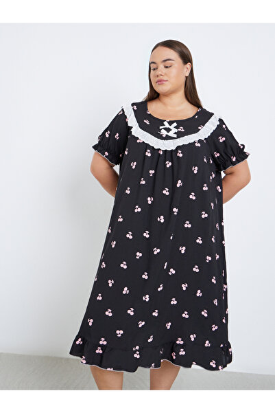Styli Plus Printed Bow Detail Nightdress