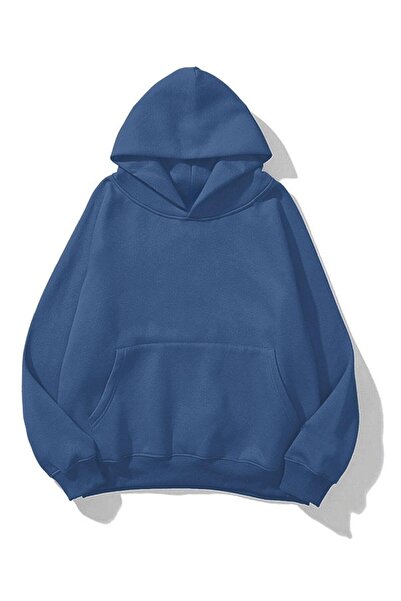 Trendseninle Unisex 3 İplik İndigo Mavi Basic Sweatshirt Hoodie