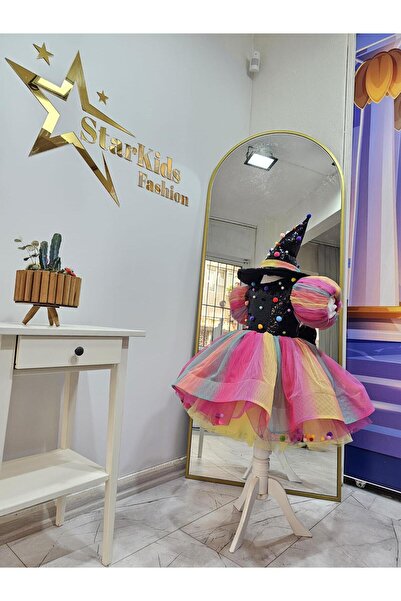 Star Kids Kız Çocuk Pembe Siyah Cadı Kostümü, Gökkuşağı Unicorn Cadı Elbisesi...