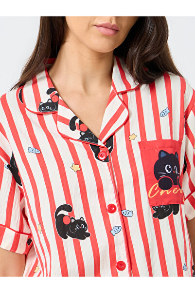 Take Two By Styli Cat Striped Print Cotton Shirt and Shorts Set