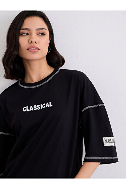 Styli Women Black Overlock Seam Oversized T-Shirt and Leggings Co-Ords