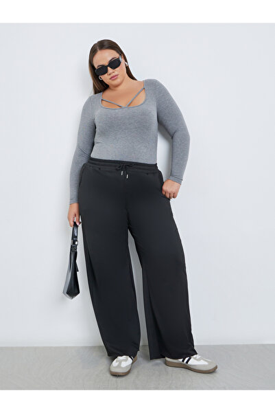 Styli Plus Black Wide Leg Joggers with Drawstring Waist