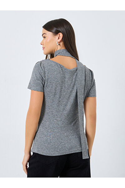 Styli Grey Knit Top with Tie Neck Detail