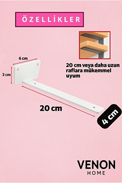 VENON 2 Li 20 Cm Beyaz Metal Raf Ayağı Raf Altı Tutucu L Köşe Konsol Raf Tutucu Deprem Dolap Sabitleyici