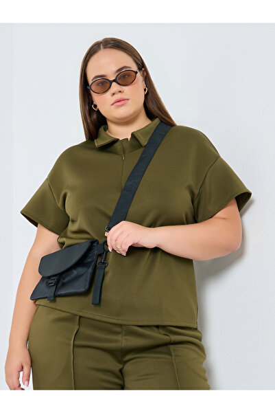 Styli Plus Size Khaki Polo T-Shirt