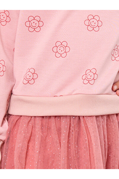 Styli Girls Pink Flower Print Tulle Dress