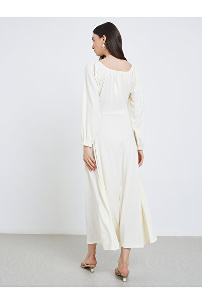 Take Two By Styli Beige Balloon Sleeve A-Line Midi Dress