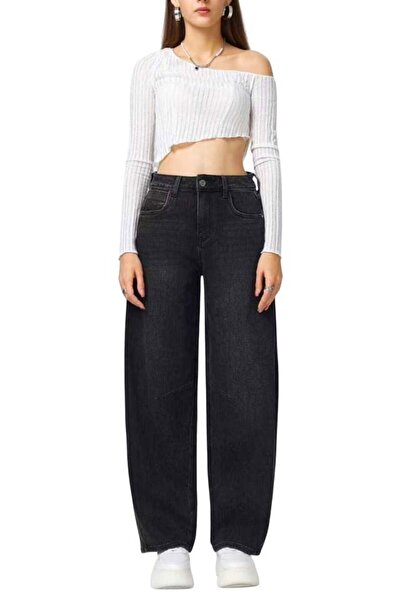 FashionForYou Blugi loose fit BARREL si cusaturi evidentiate, NEGRU