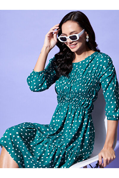 Stylestone By Styli Polka Dot Print Ruched Detail Knee Length Dress