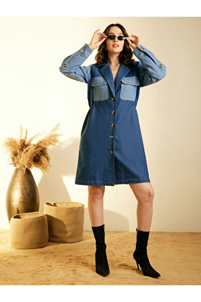 Stylestone By Styli Color Block Denim Knee Length Shirt Dress