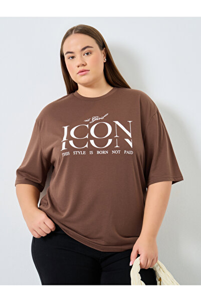 Styli Plus Size Brown Graphic Print T-Shirt