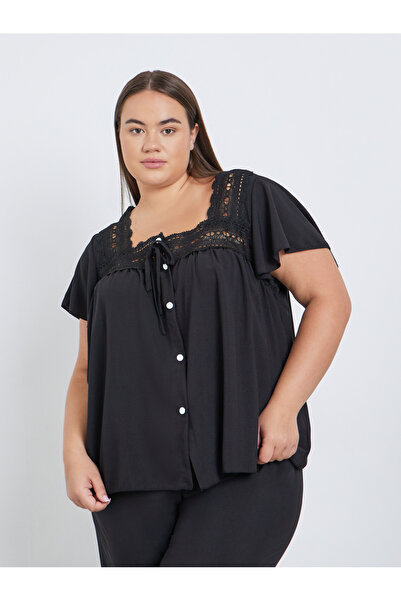 Styli Plus Black Lace Detail Top and Pyjama Set
