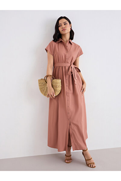 Styli فستان ماكسي بني مع حزام ربطة عنق