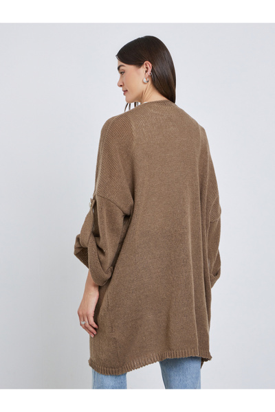 Styli Tan Brushed Yarn Longline Cardigan