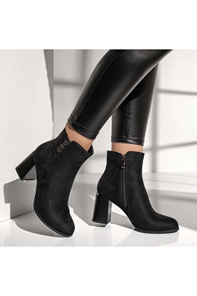 Modlet.ro Women's black suede thick-heeled ankle boots with zipper MOD12636