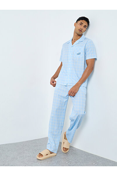 Styli Men Blue Checked Shirt and Pyjama Set