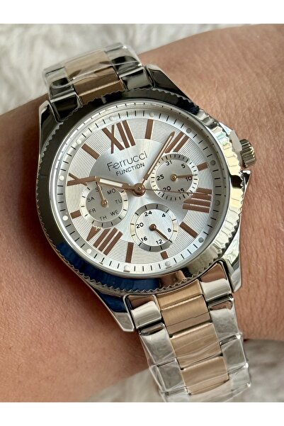 Ferrucci ساعة نسائية ذات وظيفة اللون الفضي والذهبي الوردي