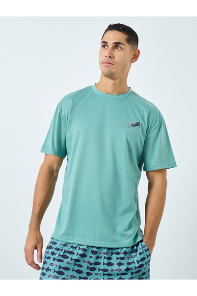 Styli Men Teal Solid T-Shirt and Fish Print Shorts Pyjama Set