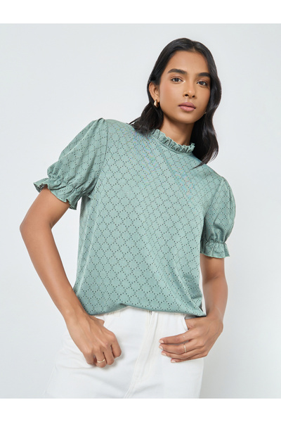 Take Two By Styli Green Textured Eyelet Puff Sleeve Blouse