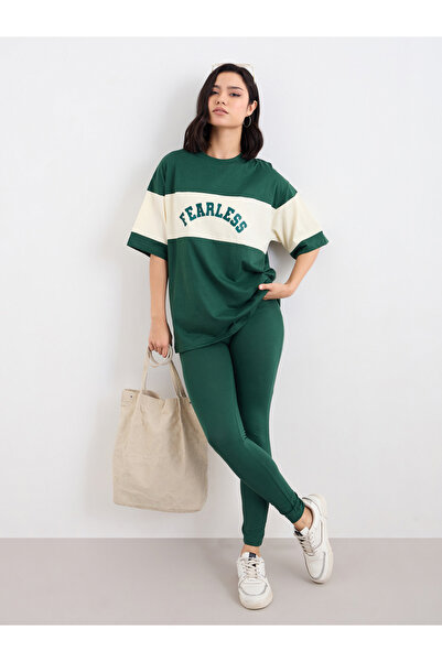 Styli Women Dark Green Color Block Oversized T-Shirt and Leggings Set