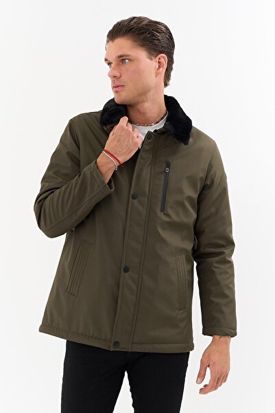 SİVAİST Men's Green Collar Detachable Fur Water-Repellent Fur-Lined Coat – Windproof, Lightweight and Durable