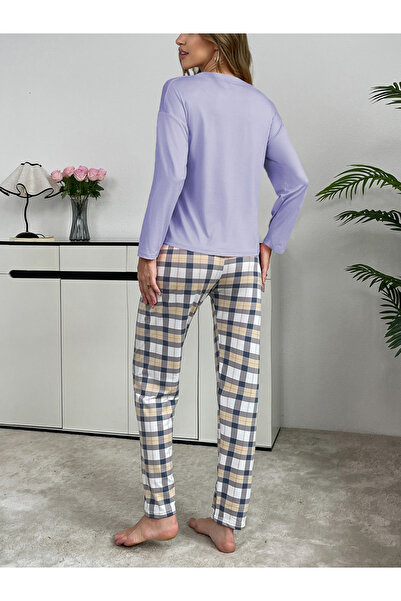 Take Two By Styli Purple Solid T-Shirt and Checked Pyjama Set