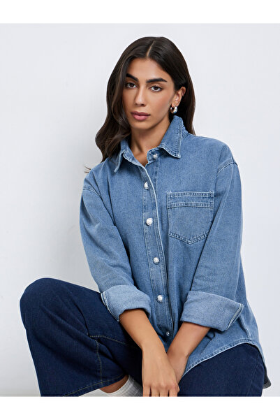 Styli قميص جينز طويل باللون الأزرق