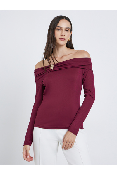 Styli Burgundy Off-Shoulder Long Sleeve Knit Top