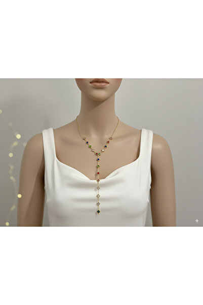 MEEB BİJUTERY Y Necklace Square Colorful Stone