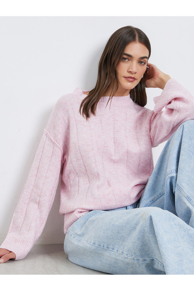 Styli Pink Regular Fit Brushed Yarn Ribbed Sweater