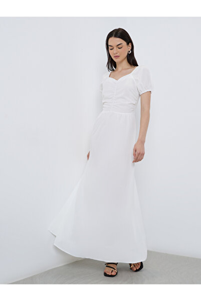 Take Two By Styli Solid Puff Sleeve Sweetheart Neck Midi Dress