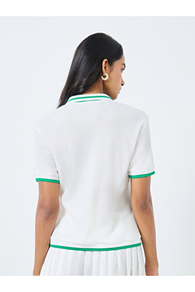 Take Two By Styli Women White Polo Top with Green Trim