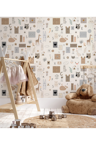 Tasarım Pastel Tonlar Sembolik İconlar Harfler ve Hayvan Figürleri Çocuk Bebek Odası Duvar Kağıdı