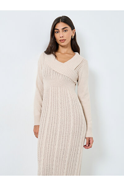 Take Two By Styli Beige Cable Knit Bodycon Midi Dress