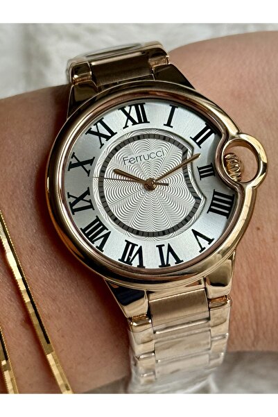Ferrucci ساعة نسائية بأرقام رومانية بلون ذهبي وردي