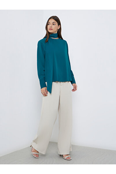 Styli Teal Long Sleeve Blouse with Scarf Detail