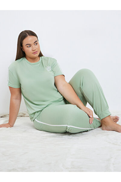 Styli Plus Slogan Print T-Shirt and Cuffed Pyjama Set