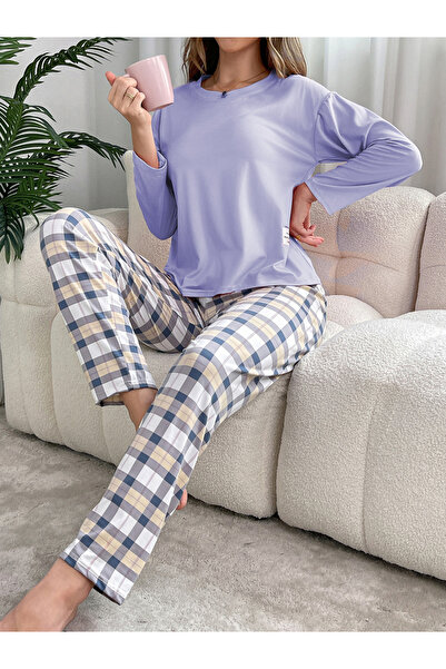 Take Two By Styli Purple Solid T-Shirt and Checked Pyjama Set