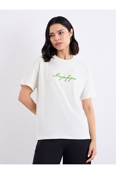 Styli Off White Embroidered Slogan Boxy T-Shirt