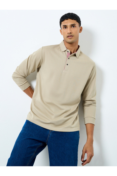 Styli Men Beige Long Sleeve Polo T-Shirt
