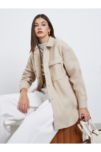 Styli جاكيت طويل كبير قصة فضفاضة باللون البيج