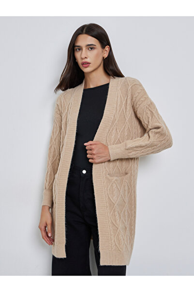 Take Two By Styli Beige Knitted Knee Length Cardigan Sweater