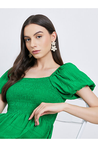 Take Two By Styli Green Puff Sleeve Tiered Midi Dress