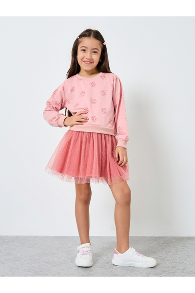 Styli Girls Pink Flower Print Tulle Dress