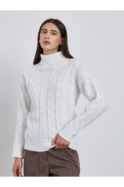 Take Two By Styli White Cable Knit Turtleneck Sweater