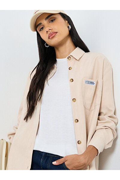 Styli Beige Oversized Shirt with Badge Detail