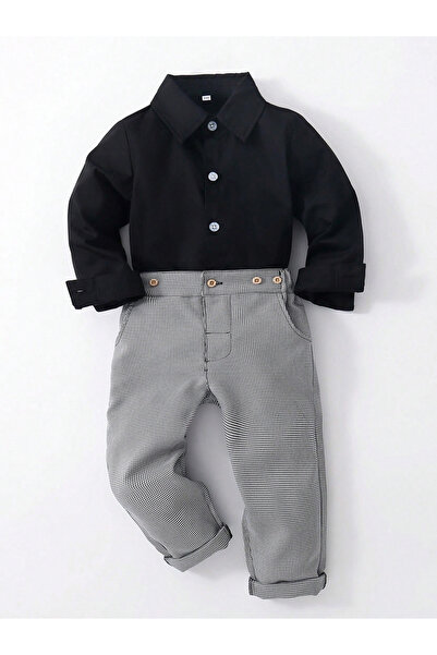 Take Two By Styli Boys Solid Shirt and Houndstooth Pants Set